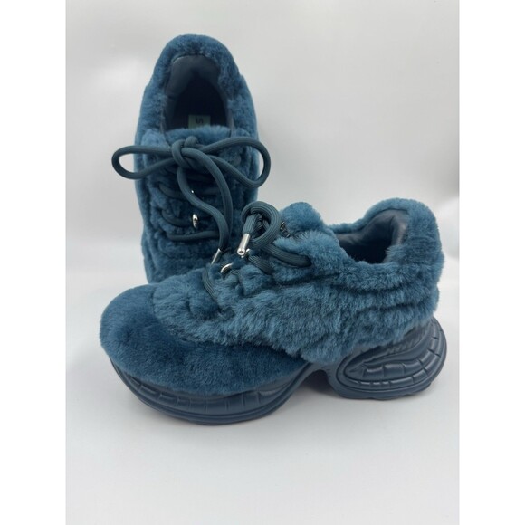 Sadi Studios Teal Blue Fur Pop Leather Sneakers Chunky Sole Platforms Size 6 - Picture 2 of 16